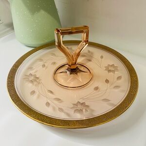 Vintage Pink Depression Glass Platter with Handle with Etched Detail Gold Trim